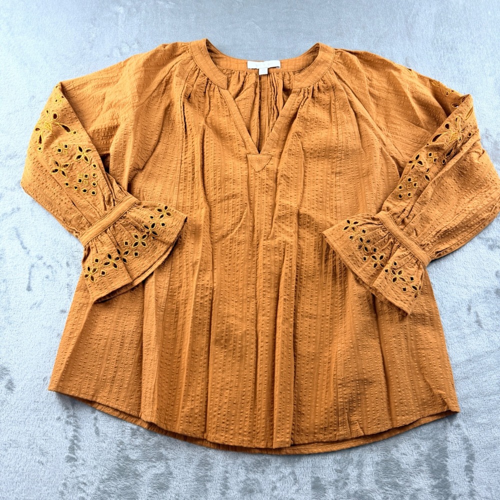Eri + Ali Anthropologie Women's XS Orange Cotton Eyelet Sleeve Boho Blouse